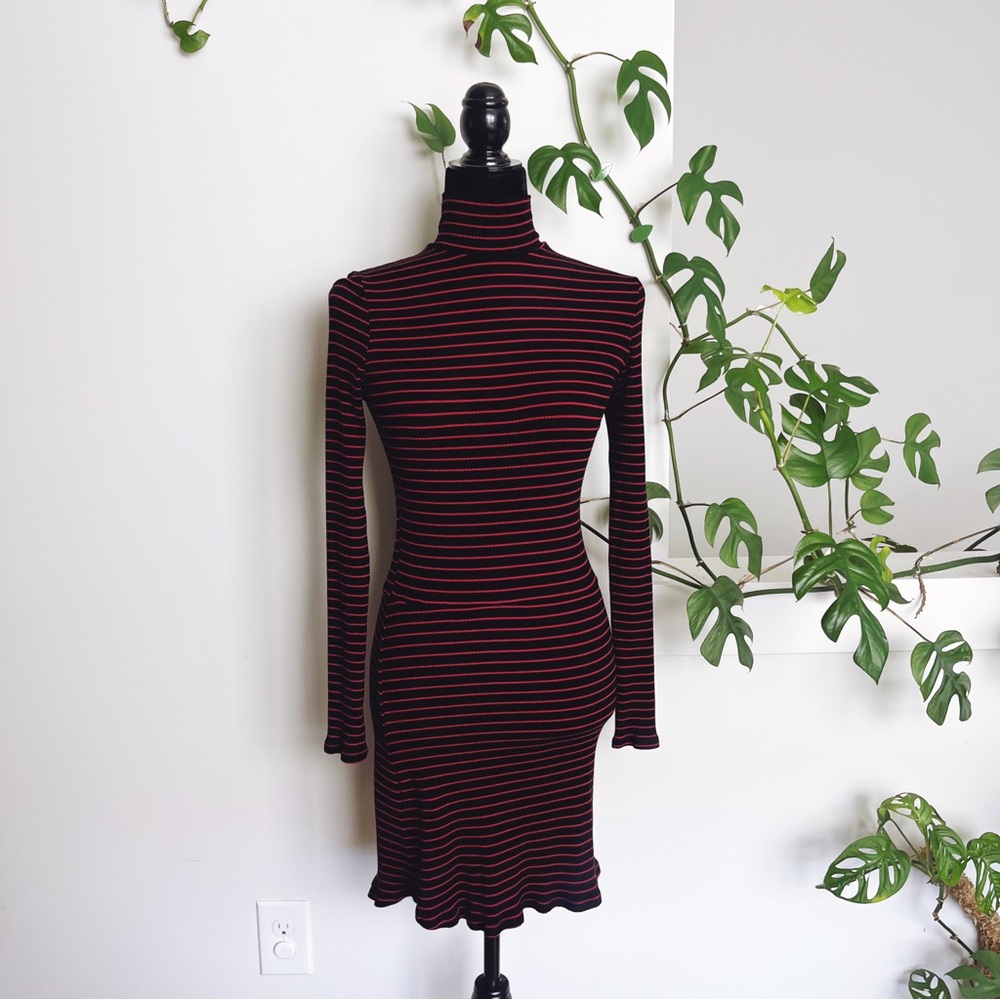 Reformation Burgundy and Black Striped Long Sleeve Dress